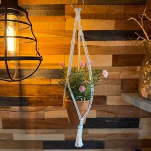 Hand Crafted Macrame Plant Hanger with Pink Flowers